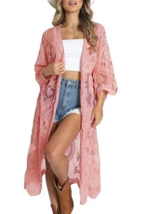 Womens Lace Kimono Duster XL Pink Long Embroidered Cardigan Half Sleeves Boho - Picture 1 of 11