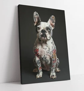 FUNNY FRENCH BULLDOG WITH TATTOOS CANVAS WALL ART ARTWORK PRINT - Picture 1 of 2