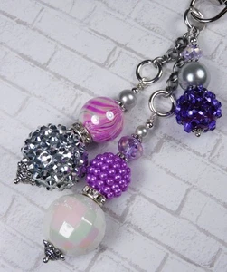 Bubblegum Purse Charm Bag Clip Rhinestone Beaded Handmade Purple Grey Silver New - Picture 1 of 4