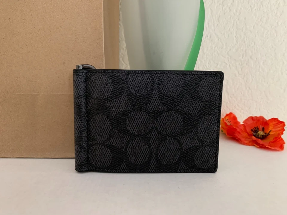 NWT COACH CY059 Slim Money Clip Billfold Wallet In Signature Canvas & Leather - Image 1 of 4