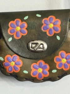 Vintage 70s Mexico Leather Purse Hand Painted Flowers Tooled Boho Hippie Bag - Picture 1 of 12