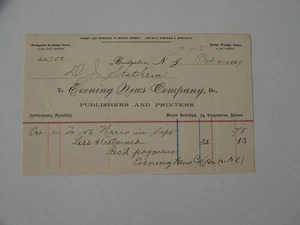Bridgeton New Jersey NJ 1899 Evening News Company 74 Commerce Street - Picture 1 of 1
