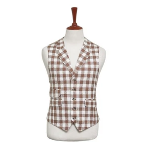 Mens Vest 44R Brown Beige Plaid Check Waistcoat XL Western Casual Preppy Party - Picture 1 of 9