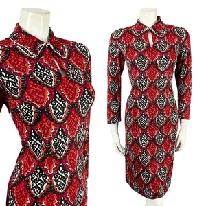 VTG 60S 70S BLACK WHITE RED MOD PSYCHEDELIC GEOMETRIC SCALES SHIFT DRESS 8 - Picture 1 of 7