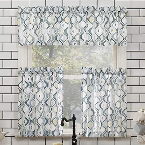 Barker Geometric Semi-Sheer Rod Pocket Kitchen Curtain Valance and Tiers Set, 54 - Picture 1 of 10