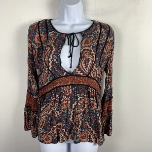 American Eagle Outfitters Womens Top Sz S Blue Brown Paisley Long Sleeve Peasant - Picture 1 of 14