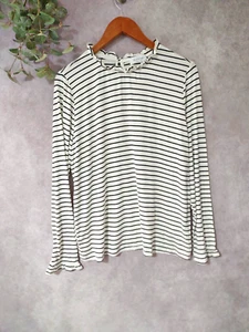Kaileigh Top Womens XL White Black Striped Ruffle Neck Long Sleeve Pullover - Picture 1 of 6