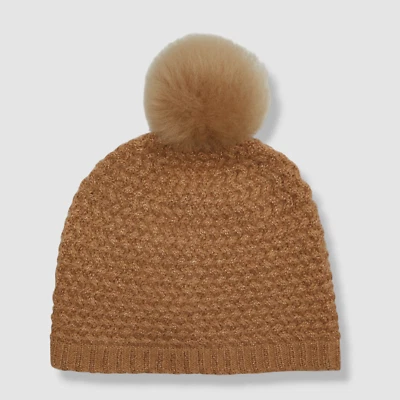 $195 Sofia Cashmere Mujer Marrón Borde Metálico Cachemira Pompón Sombrero Gorro OS Foto 1 de 3