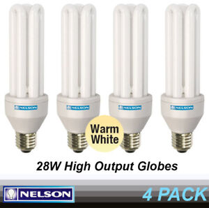 4 x 28W High Output CFL Light Globes Bulbs Lamps 3000K Warm White Screw E27