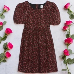 Gap Black and Red Floral Corduroy Puff Sleeve Summer Holiday Dress Girl’s XL - Picture 1 of 9