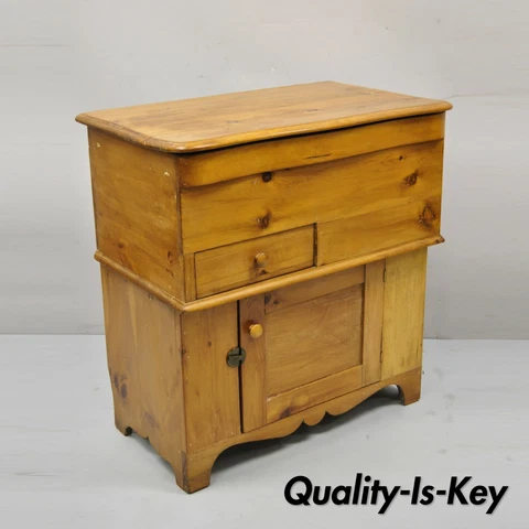 Antique 19th C. Primitive Pine Wood Lift Top Dry Sink Washstand Commode Cabinet Cover