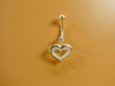 14K SOLID YELLOW GOLD FINISH HEART SHAPE DANGLING BELLY BUTTON RING - Image 1 of 4