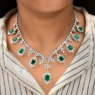 44.74 TCW Echt Si / H Diamant Sambianischer Smaragd Anhänger Halskette 14k Weiß - Bild 1 von 4