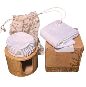 Reusable Makeup Remover Pads Washable Cotton 10 Rounds W/ Bamboo Holder Mesh Bag - Picture 1 of 3
