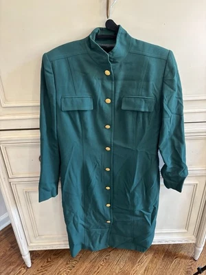 Elegante vestido de lana vintage Linda Allard Ellen Tracy verde dorado con botones delanteros 10 Foto 1 de 4