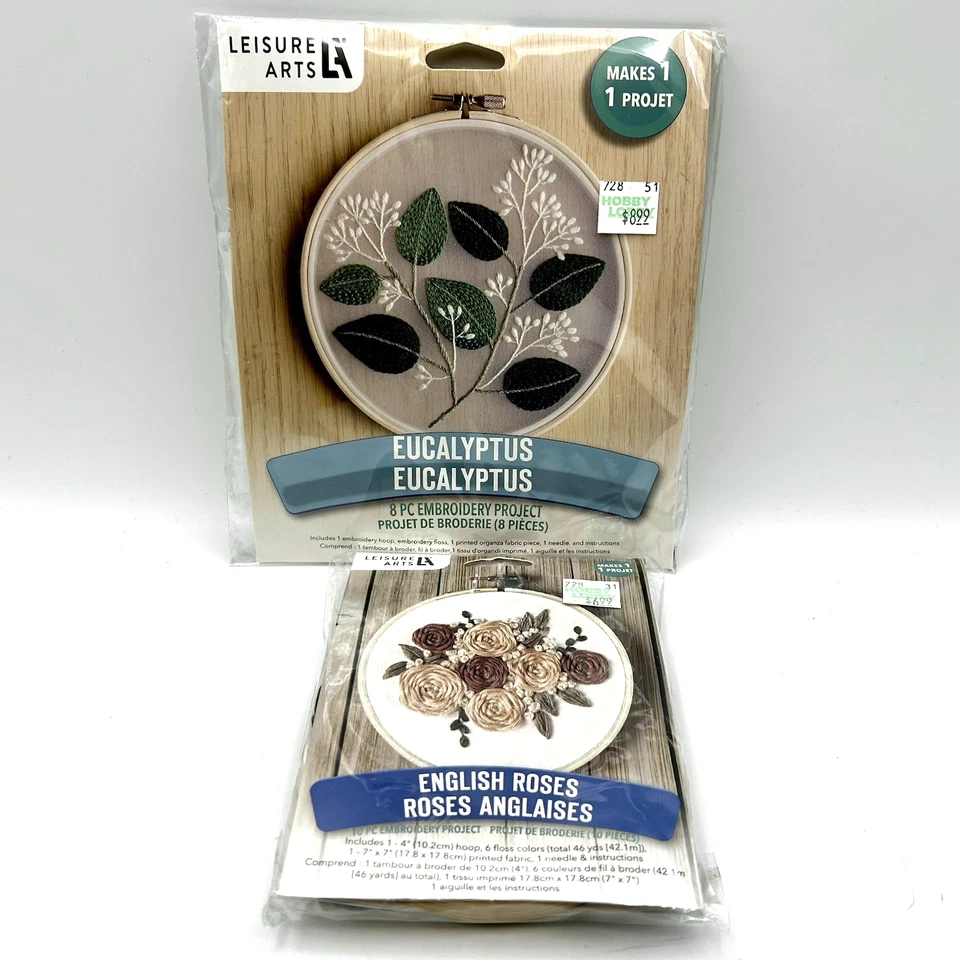 Kit de bordado projeto lote de 2 rosas inglesas de eucalipto novo na embalagem Cottagecore vovó - Imagem 1 de 4