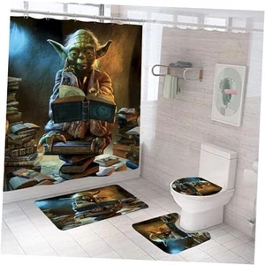 Bathroom 4 Pieces Set Yoda Shower Curtain, Toilet Lid Cover and Bath Mat, Non - Picture 1 of 8