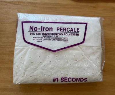 Vintage #1 Seconds Queen Flat Sheet  White Eyelet Lace Trim 50/50 Blend No Iron - Image 1 of 4