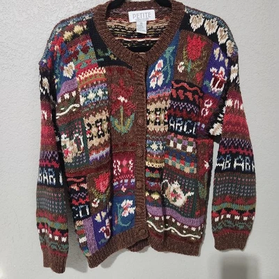 Маленький изысканный свитер женщин миниатюрный средний коричневый мульти кардиган пэчворк - Изображение 1 из 4