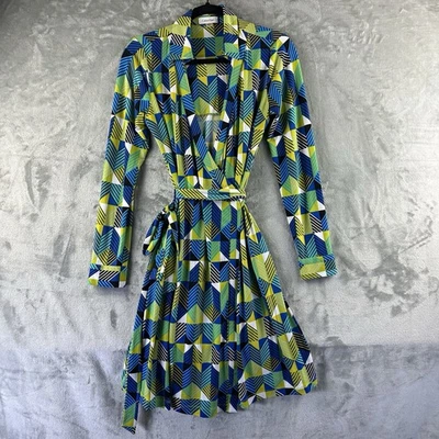 Calvin Klein Wrap Dress Women’s 8 Blue Green Bright Geometric Print - Image 1 of 4