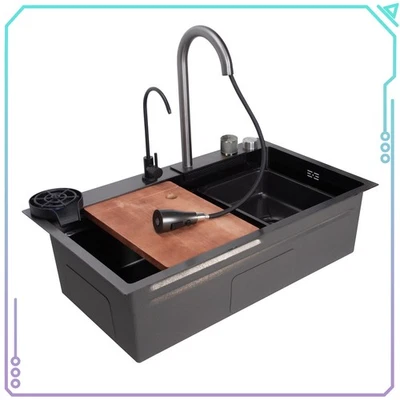 Fregadero de cocina Watefall de acero inoxidable nuevo de 29,5"" con grifo abatible, negro Foto 1 de 4