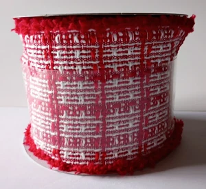 Jumbo Trim Wired Ribbon 3.5" x 12' Roll Red White Boucle Tweed Woven Plaid - Picture 1 of 4