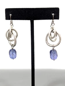 Silver Tone Hammered Link Earrings with Purple Beads Dangle Drop Boho Style - Picture 1 of 7