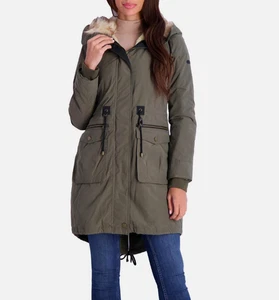 Abrigo chaqueta midi anorak con ribete de piel sintética verde Lucky Brand para mujer S NUEVO U420640B74 - Imagen 1 de 5