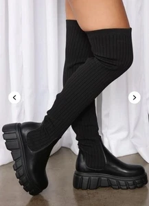 Thigh High Platform Boots Fashion Nova Women Size 7.5 Black Chunky Stretch Y2K - Picture 1 of 7