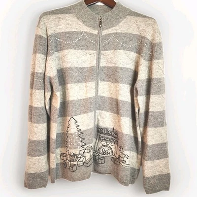 Quacker Factory Women L Gray Wool Cardigan Xmas Full Zip Sweater Cottage Core - Image 1 of 4
