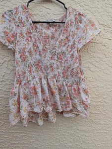 American Eagle Shirt Damen XL creme rosa Blumen Flower Bohemian Bauernhaus - Bild 1 von 1