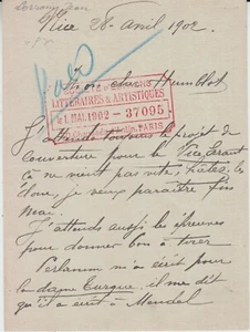 Lettre autographe signée de l'écrivain Jean LORRAIN à Alfred HUMBLOT Avril 1902. - Picture 1 of 2