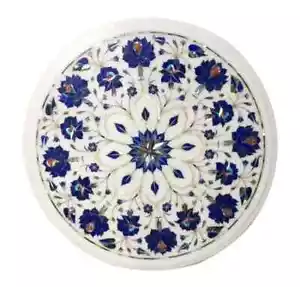 12"x12" White Round Marble Coffee Table Top Lapis Lazuli Stone Bar & Hotel Decor - Picture 1 of 11