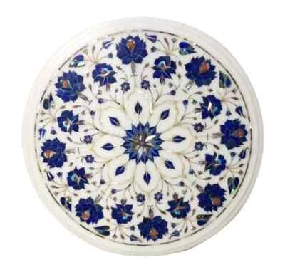12"x12" White Round Marble Coffee Table Top Lapis Lazuli Stone Bar & Hotel Decor - Image 1 of 4