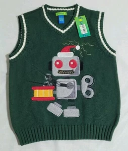 Kids Boys Size 5 Sweater Vest Christmas Robot With Santa Hat By Green Dog New - Picture 1 of 7