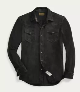 RRL Ralph Lauren Black Leather Western Suede Shirt Jacket Men's 2XL XXL - Picture 1 of 11