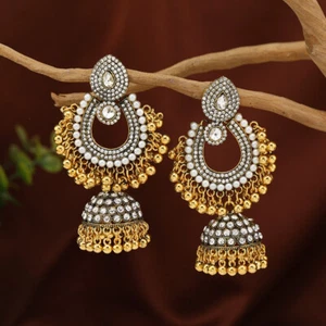 Women Bollywood Pearl Crystals Indian Earrings Jhumka Dangle Drop Bells Earrings - Picture 1 of 15