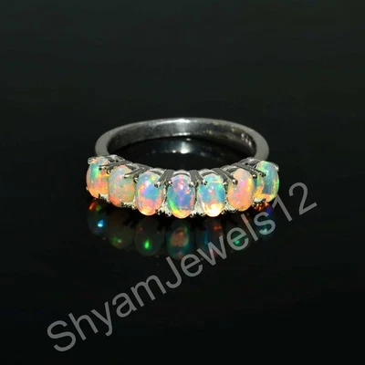 Anello Nuziale In Vera Opale D'Etiopia Ovale In Argento Sterlina 925 - Immagine 1 di 4