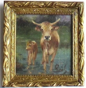 19TH ANTIQUE VINTAGE SUPERB BEAUTIFUL FRENCH MINIATURE PAINTING PORTRAIT OF COW - Picture 1 of 4