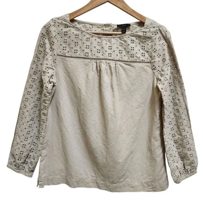 Blusa feminina J Crew tamanho 6T bege mistura de linho ilhós manga longa punho elástico - Imagem 1 de 4
