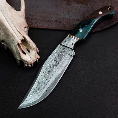 Gift-Ready 9.8" Damascus / Steel Knife Full Tang Hunt it Hunt + Leather Sheath - Image 1 of 4