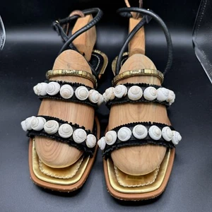 Tory Burch Sinclair Seashell Sandal Women 8 Strappy Black Leather Made In Brazil - Picture 1 of 9