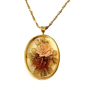 Vintage Rose Blumen Glas Anhänger & lange 30" Kette Halskette - Bild 1 von 4