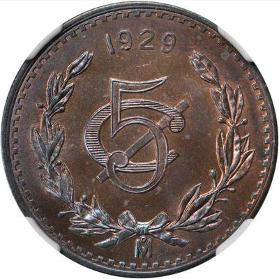 MEXICO ESTADOS UNIDOS 1929  5 CENTAVOS COIN CERTIFIED UNCIRCULATED NGC MS65-RB - Image 1 of 4