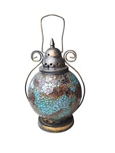  Crackle Glass Tealight Candle Lantern~Amber&Blue~Antique Finish~Moroccan Style