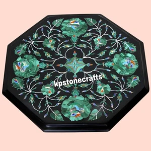 Octagonal Black Marble Bedside Table Top | Inlaid with Malachite & Semi-Precious - Picture 1 of 8