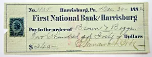 Francobollo fiscale assegno banca nazionale Harrisburg Dauphin County Pennsylvania primo 1882 - Foto 1 di 4