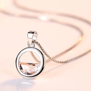 925 Sterling Silver Half Moon Lake Water CZ Crystal Pendant Necklace Girl Gift - Picture 1 of 9