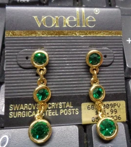 Vtg VONELLE Surgical Steel Posts by SWAROVSKI Green Crystal Dangle Earrings - Picture 1 of 6