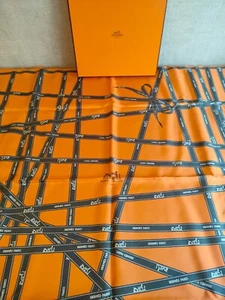 Hermes Scarf Bolduc Stole Orange Bow Jean Louis Dumas Silk Auth 90 cm 36" - Picture 1 of 15